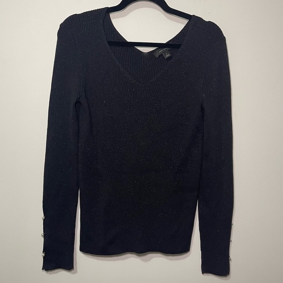Ann Taylor Black Metallic V-Neck Sweater Pearl Button Cuffs Women’s size M - Picture 1 of 9